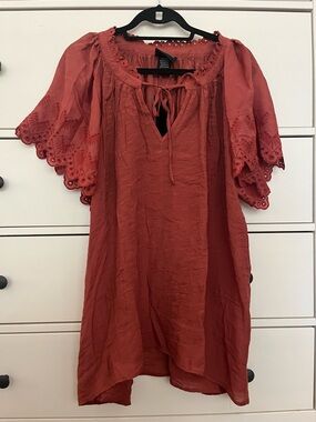 Boho Tie-Neck Peasant Blouse in Rust